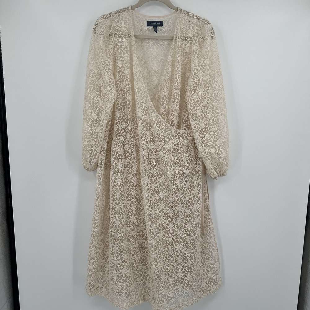 ModCloth Dress Womens 1X Cream Lace Wrap Long Sleeve Surplice Floral Sheer‎ Midi